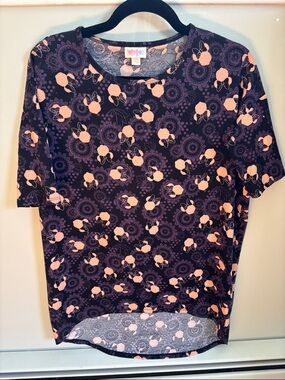 LuLaRoe Black Tee with Peach Floral Medallion Pattern